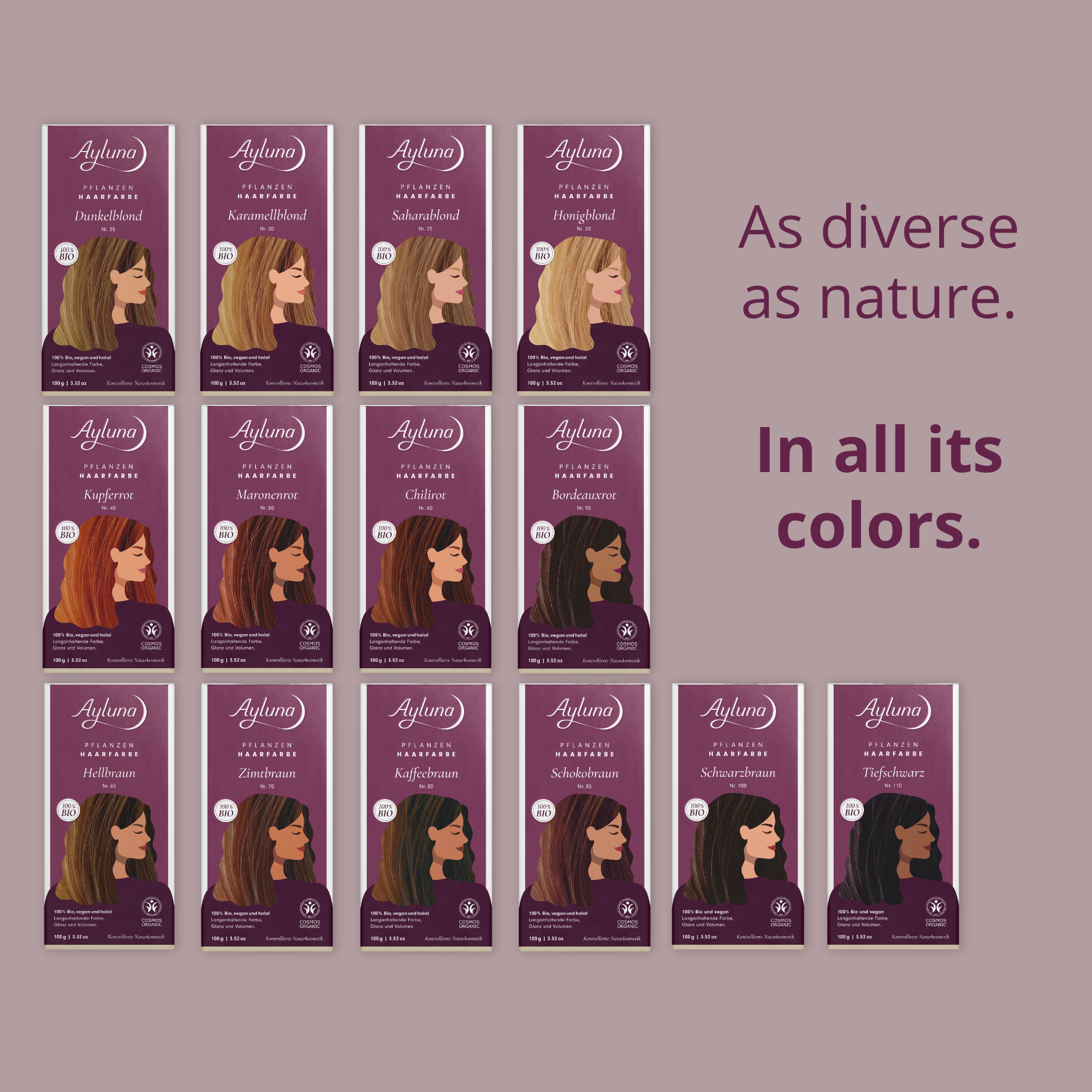 From soft blonde to deep red – our plant-based hair colors celebrate natural diversity. 100% botanical, unique and full of character. Discover your shade now!